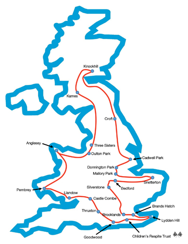 The route of the Racetrack Run, a charity tour of the UKs Racetracks for the Childrens Repsite Trust in Sussex and Kent